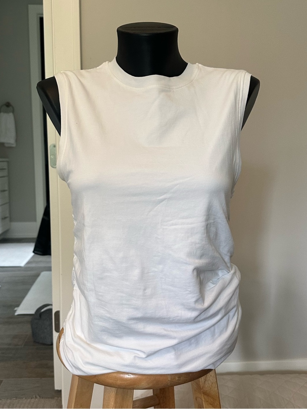 ATM White Ruched Sleeveless Crewneck Top - White